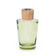 Sklenená kónická fľaška, zelená, s dreveným uzáverom, na difuzér, 100 ml