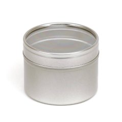 Plechová dóza s priehľadným uzáverom, strieborná, na sviečku, 100 ml