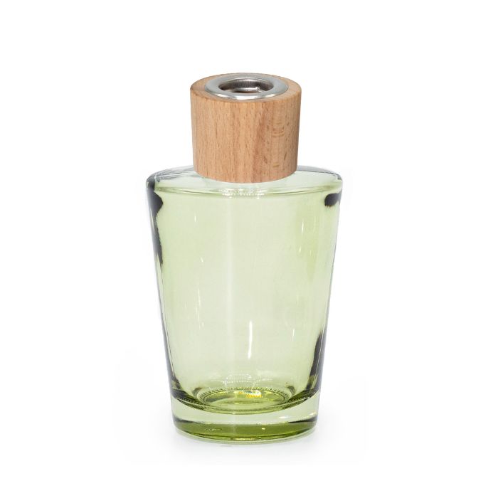 Sklenená kónická fľaška, zelená, s dreveným uzáverom, na difuzér, 100 ml