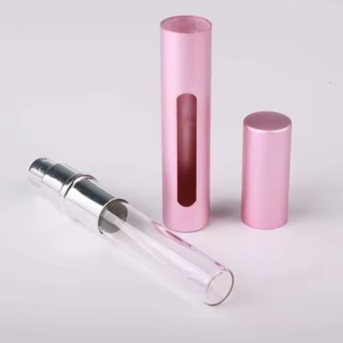 Sklenená fľaštička v hliníkovom obale, s rozprašovačom, 5 ml - Farba: ružová