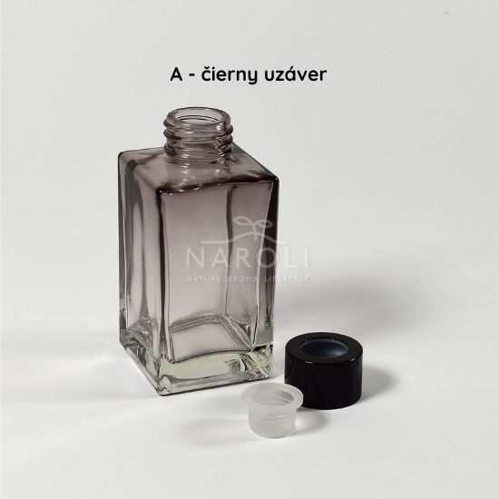 Sklenená hranatá fľaška, dymová, s uzáverom, na difuzér, 100 ml - varianta: B
